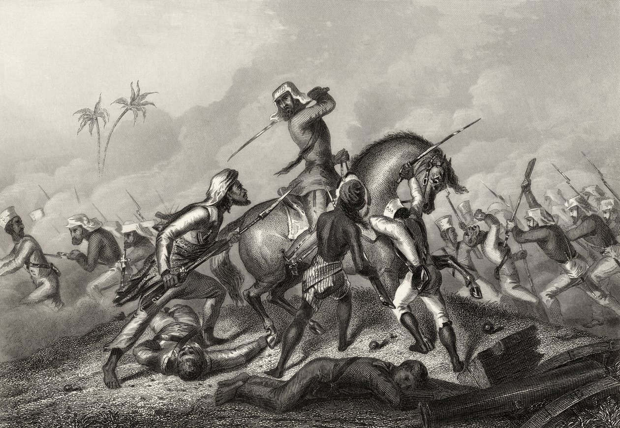 Sloupec Havelocks útočící na vzbouřence před Cawnpore, z „Historie indické vzpoury“ vydané v roce 1858 od English School