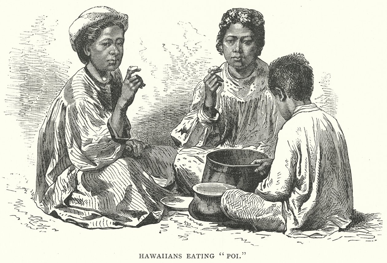 Havajané jedí "Poi" (rytina) od English School