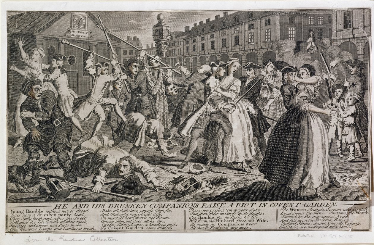 On a jeho opilí společníci vyvolávají nepokoje v Covent Garden, 1735 od English School