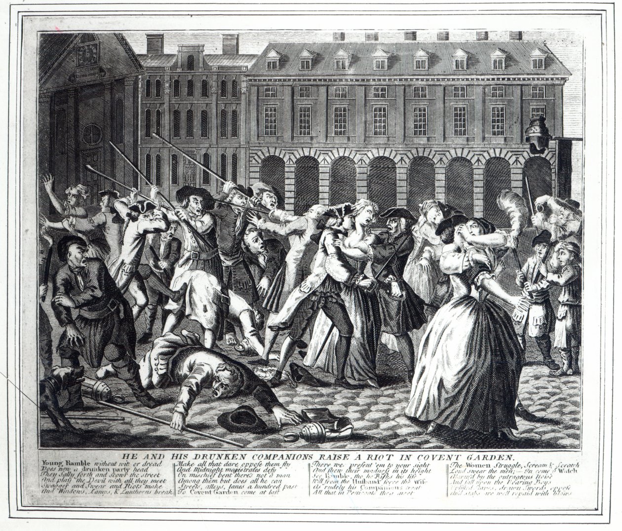 On a jeho opilí společníci vyvolávají vzpouru v Covent Garden, z pirátského seriálu založeného na Hogarthově 