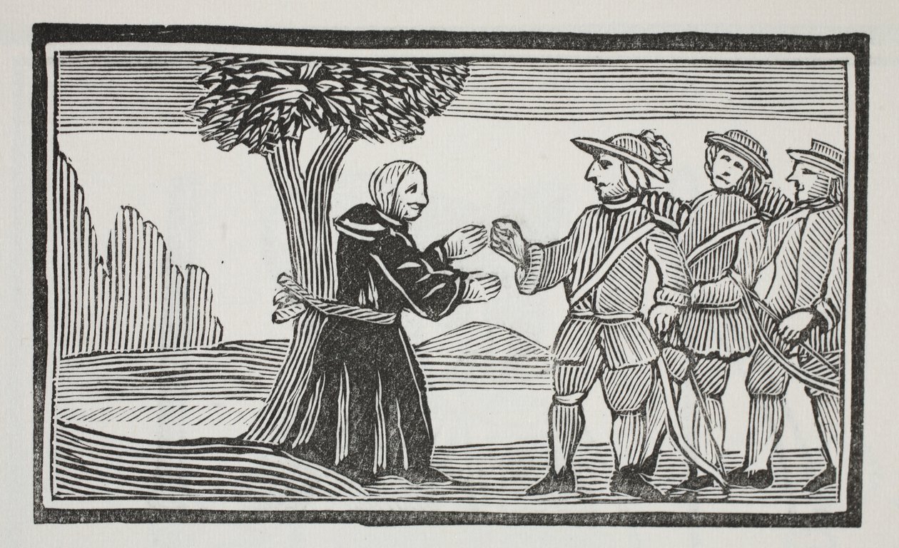 Přivázal opata ke stromu, ilustrace z Chap-books of the Eighteenth Century od Johna Ashtona, hospoda. 1882 od English School