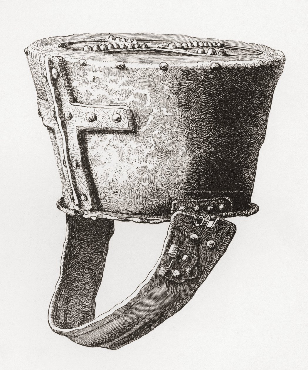 Helma, z Castle Pomeroy, Anglie, pocházející z cca 12. století, z The British Army: Its Origins, Progress and Equipment, vydané v roce 1868. od English School