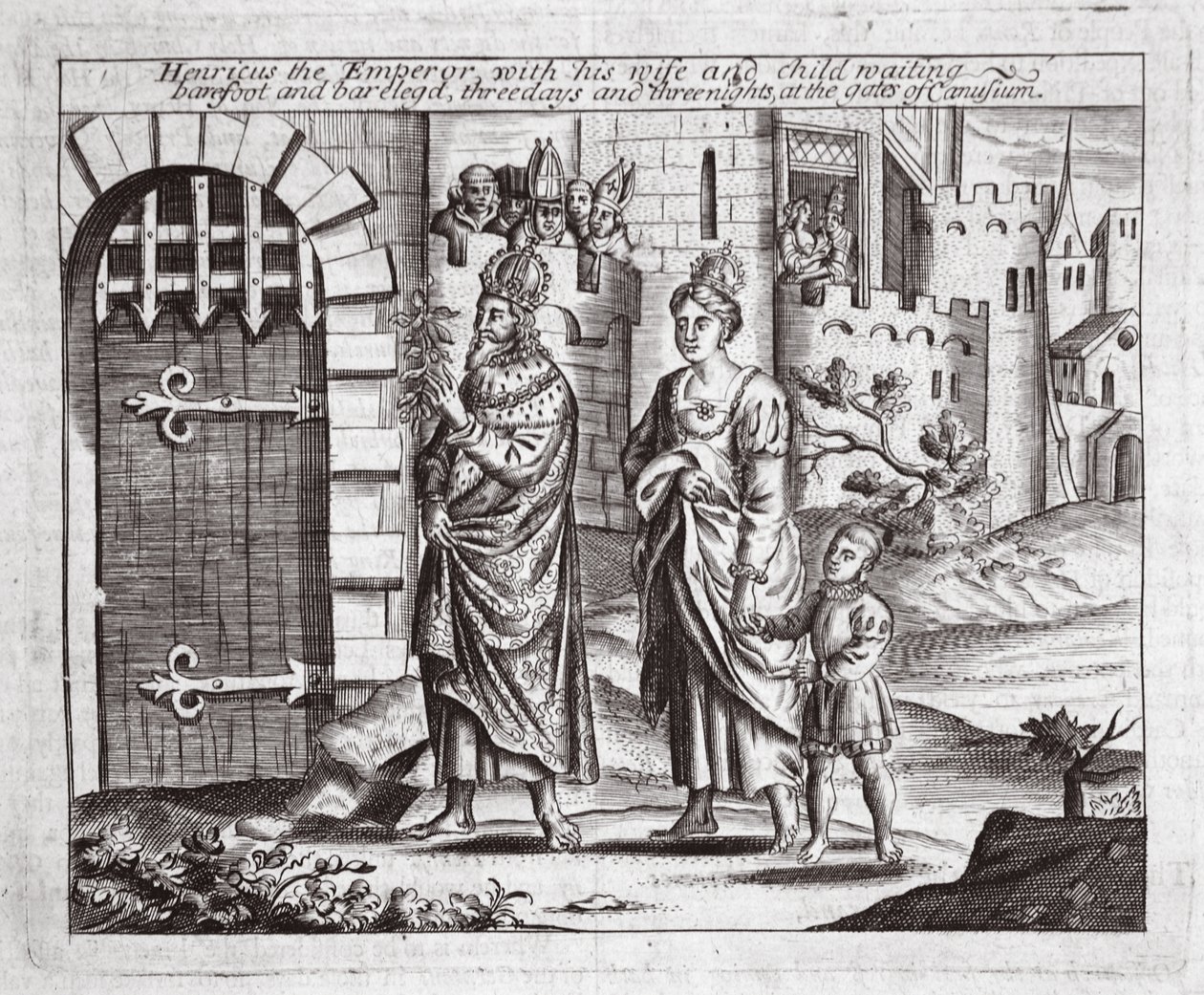 Henricus císař se svou ženou a dítětem čekající, bos a naboso, tři dny a tři noci u bran Canusuamu, ilustrace ze Skutků a památek od Johna Foxe, deváté vydání, od English School