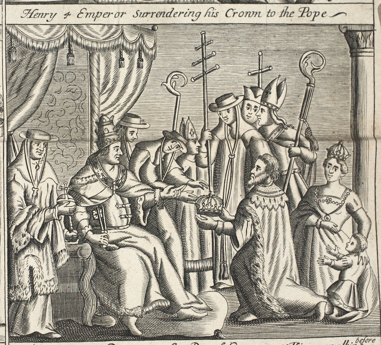 Císař Jindřich 4. odevzdává svou korunu papeži, ilustrace ze Skutků a památek od Johna Foxe, deváté vydání, pub. 1684 od English School