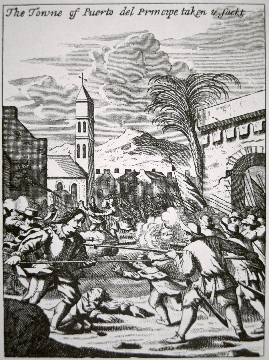 Henry Morgan dobyl a vyplenil město Puerto de Principe na Kubě v roce 1668, ilustrace z „The Buccaneers of America“ od Johna Esquemelinga, vydáno 1699 (rytina) od English School