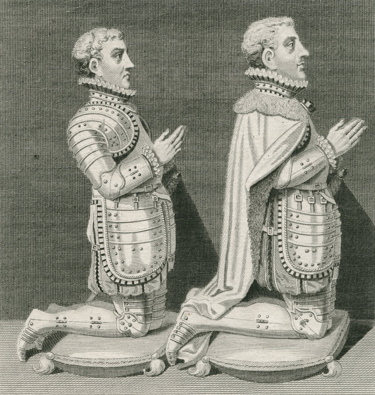 Henry Stuart, lord Darnley a jeho bratr Charles Stuart, hrabě z Lennoxu, klečící před hrobkou své matky ve Westminsterském opatství, vyryl Andrew Birrell, 1796 od English School