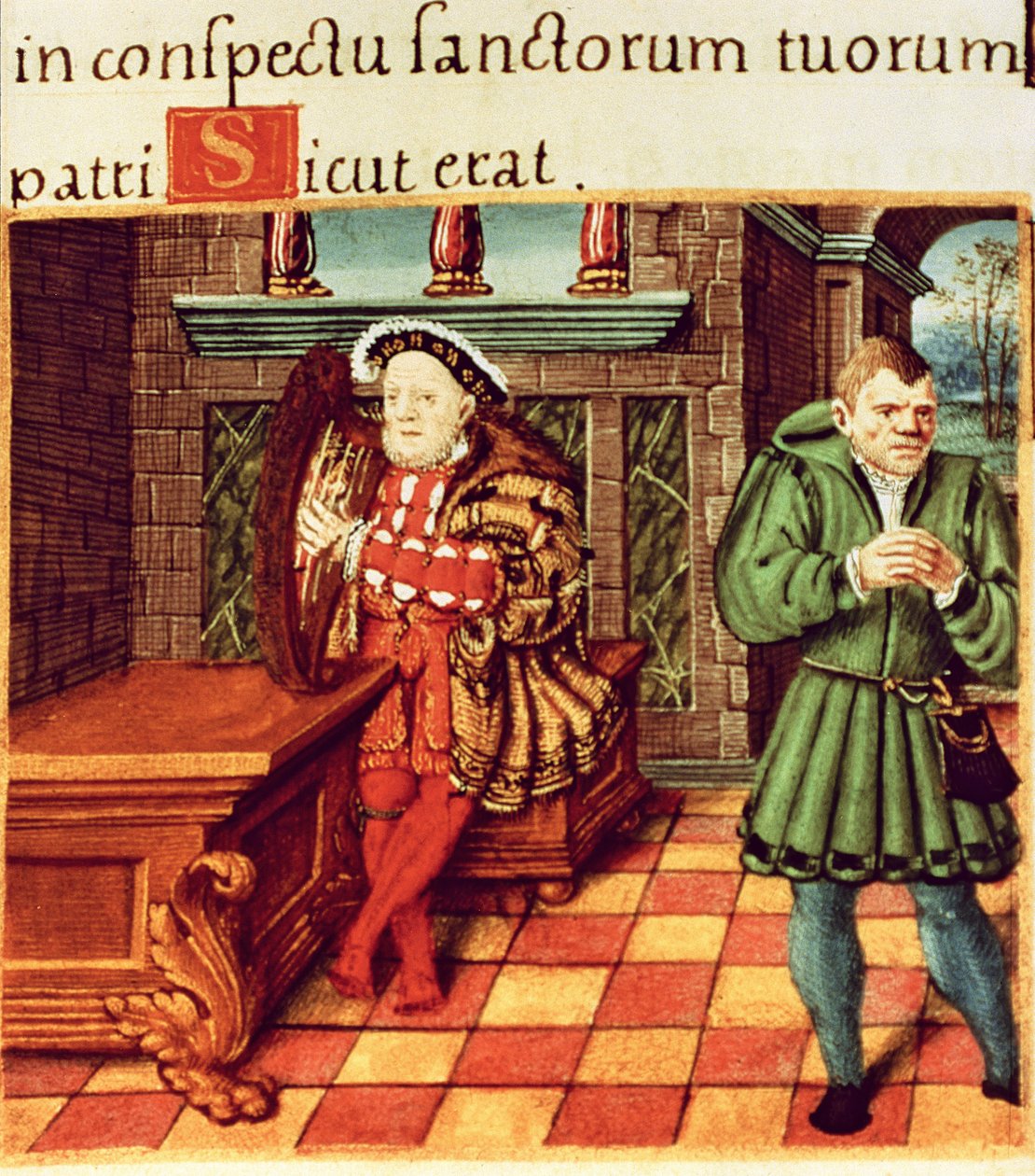 Jindřich VIII. Hraje na harfu se svým bláznem Willem Somersem z Králova žaltáře od English School