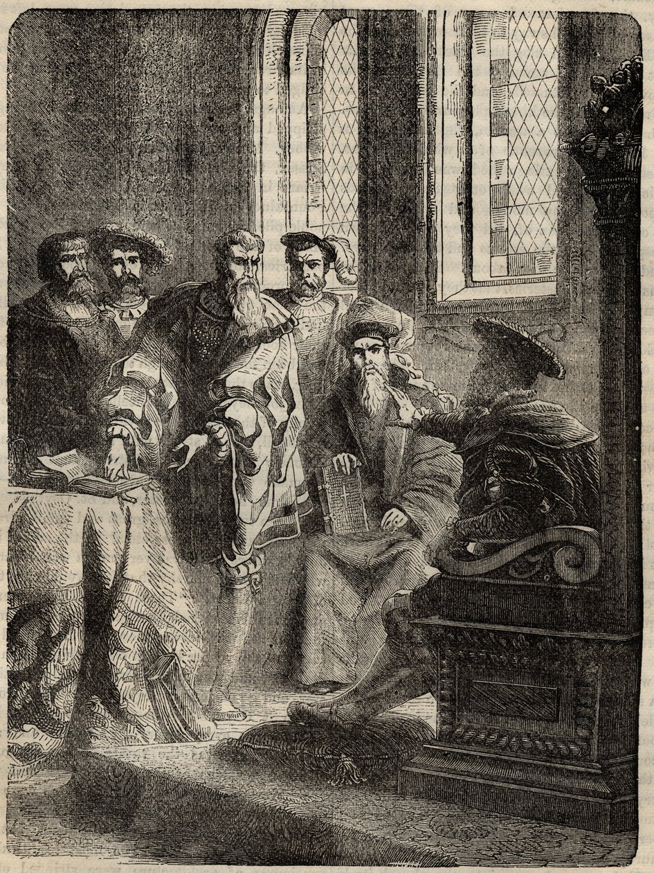 Jindřich VIII. a jeho koncil, který nařídil překlad Bible do angličtiny - 1538 - rytina z „“Historie Anglie““ od Cassella Pettera & Galpina od English School