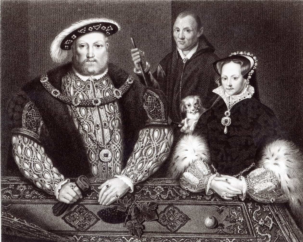 Henry VIII, jeho dcera Queen Mary a Will Somers, po olejomalbě ze 16. století, namalované posmrtně, 1821 od English School
