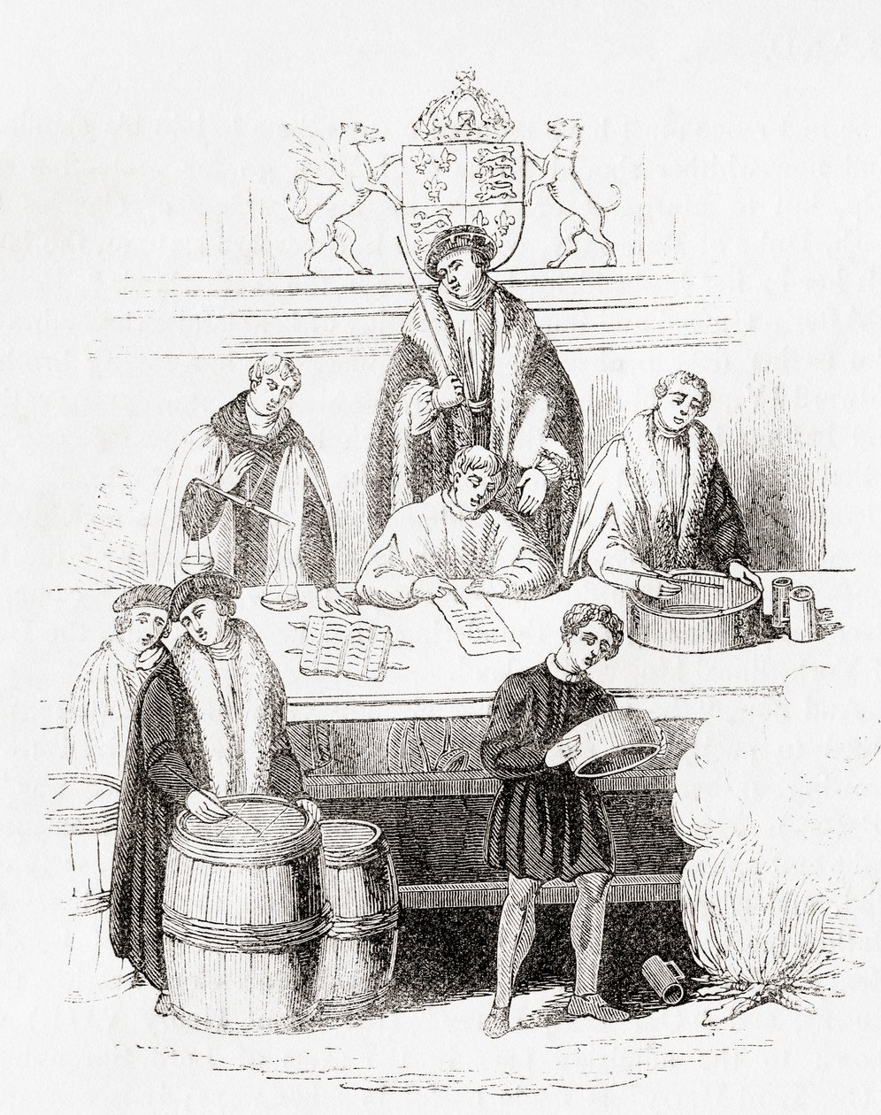 Jindřich VII. soud o vahách a mírách u státní pokladny v roce 1497, ze staré Anglie: Obrazové muzeum, hospoda. 1847 od English School