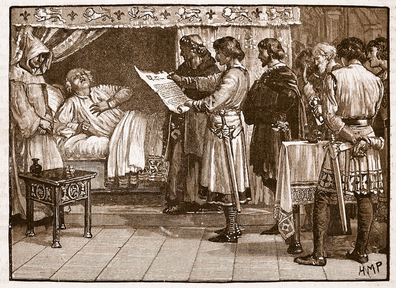 Jindřich přijímá zprávu o Johnsově zradě, ilustrace z Cassells Illustrated History of England (sépiová fotografie) od English School