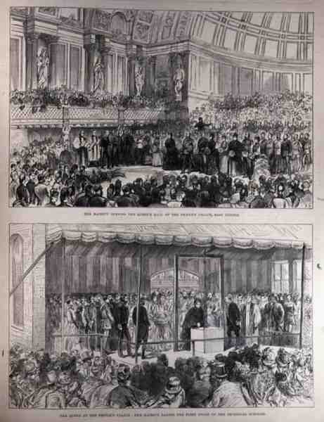 Její Veličenstvo otevírá Queens Hall Paláce lidu a pokládá první kámen technických škol, z The Illustrated London News, 21. května 1887 od English School