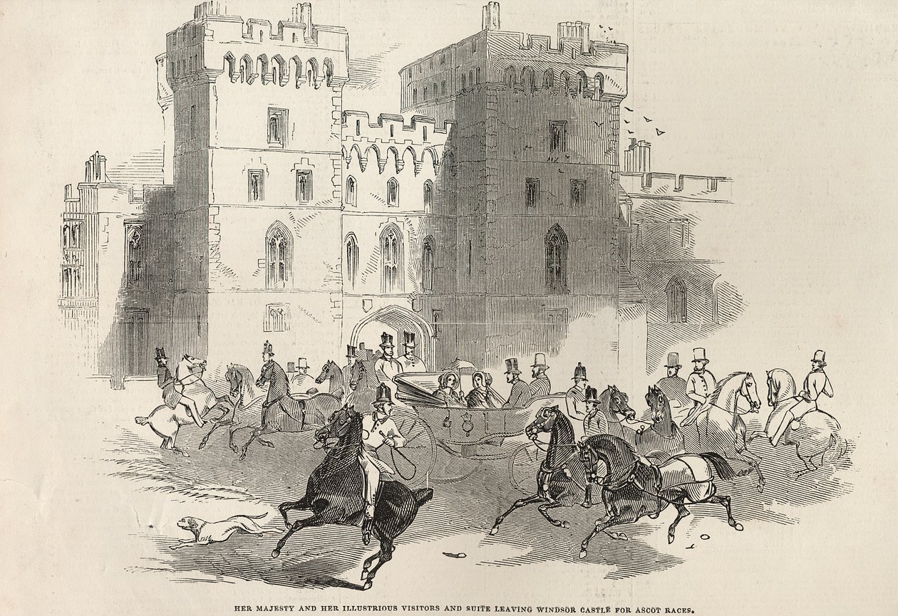 Její Veličenstvo a její vznešení hosté a suita odjíždějí z hradu Windsor na dostihy v Ascotu, z "The Illustrated London News", 14. června 1845. od English School