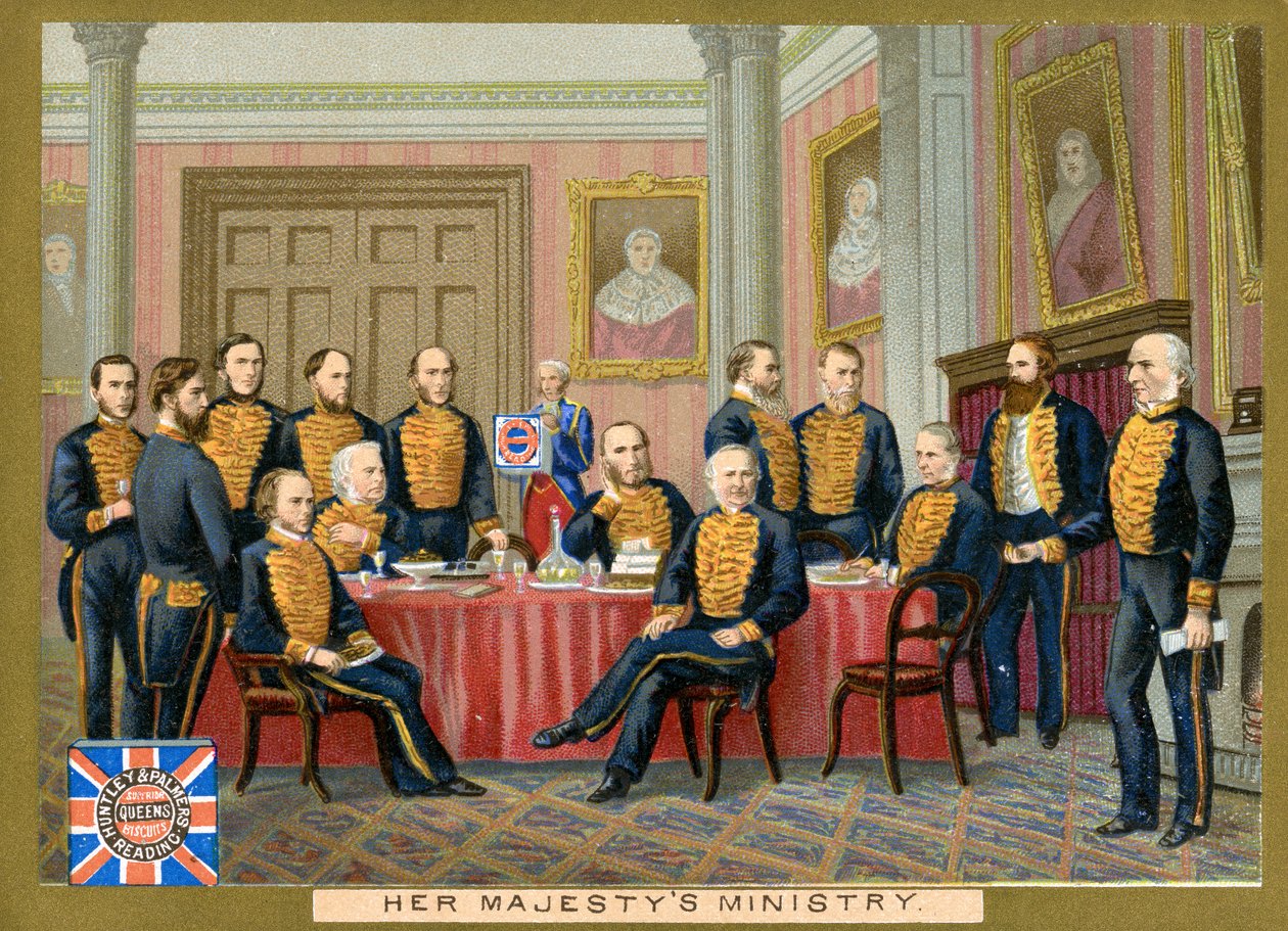 Ministerstvo Jejího Veličenstva, propagační karta pro Huntley & Palmers Biscuits, kolem roku 1890 od English School