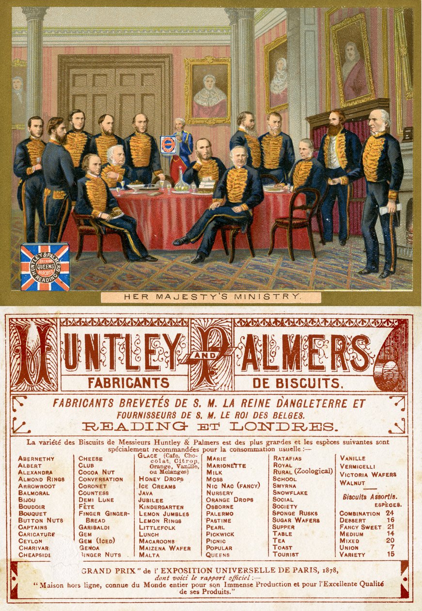 Ministerstvo Jejího Veličenstva, přední a zadní strana propagační karty pro Huntley & Palmers Biscuits, vyrobené pro francouzský trh kolem roku 1890 od English School