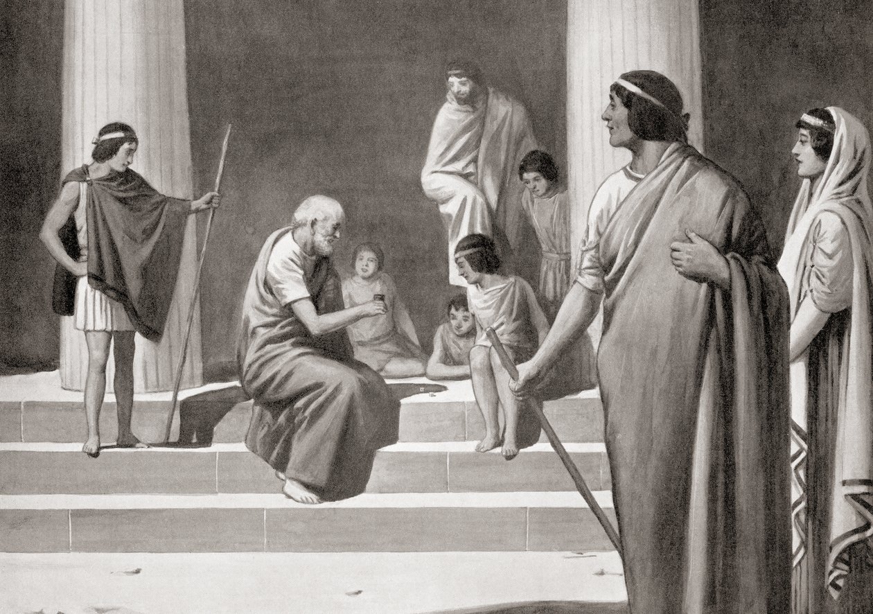 Hérakleitos hraje v kostky s chlapci, aby dal najevo své pohrdání obvyklými povoláními mužů, z Hutchinsonovy Dějiny národů, pub. 1915 od English School