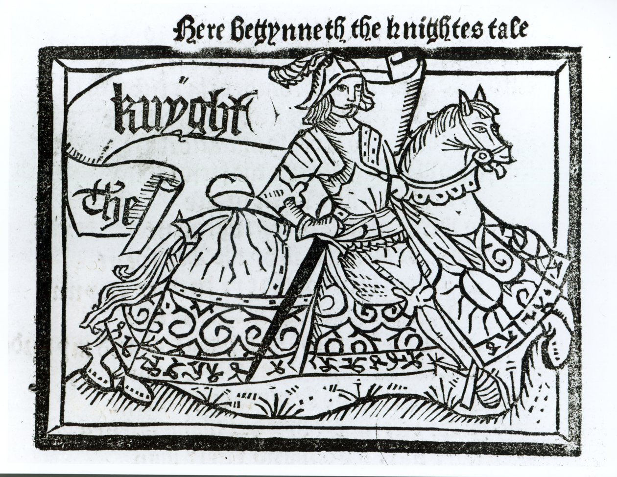 Here Begynneth the Knightes Tale, ilustrace z The Canterbury Tales od Geoffreyho Chaucera (asi 1345-1400) tiskl William Caxton (asi 1422-91) 1434 od English School