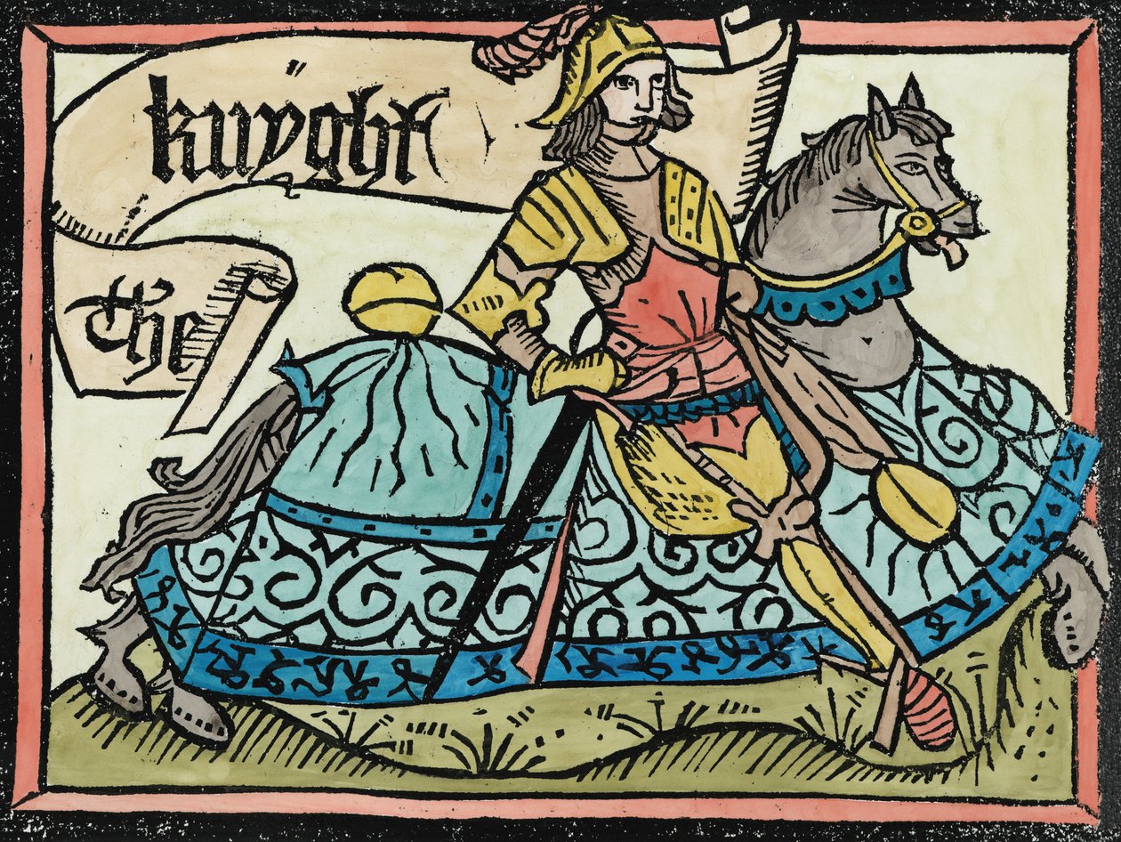 Here Begynneth the Knightes Tale, ilustrace z The Canterbury Tales od Geoffreyho Chaucera (asi 1345-1400) tiskl William Caxton (asi 1422-91) 1434 (pozdější kolorování) od English School