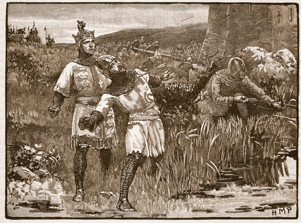 Hrdinství St. Claira při obléhání hradu Bridgnorth, ilustrace z Cassells Illustrated History of England (sépiová fotografie) od English School