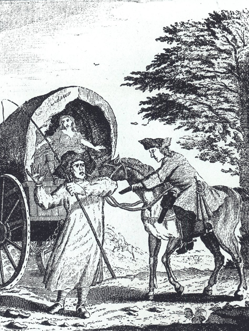 Highwayman John Cottington vyloupil armádní výplatní vůz na Shotover Hill (rytina) od English School