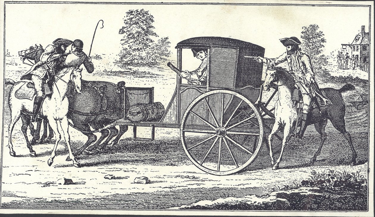 Highwaymen James MacLaine a William Plunkett okradli hraběte z Eglintonu na Hounslow Heath, 26. června 1750 (rytina) od English School