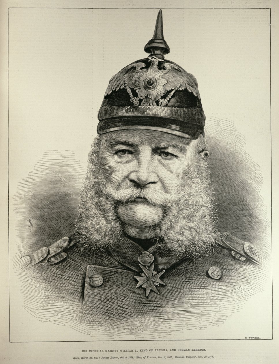 Jeho císařské veličenstvo Vilém I. (1797-1888), pruský král a německý císař, z „The Illustrated London News“, vyryto R. Taylorem, 19. března 1887 od English School