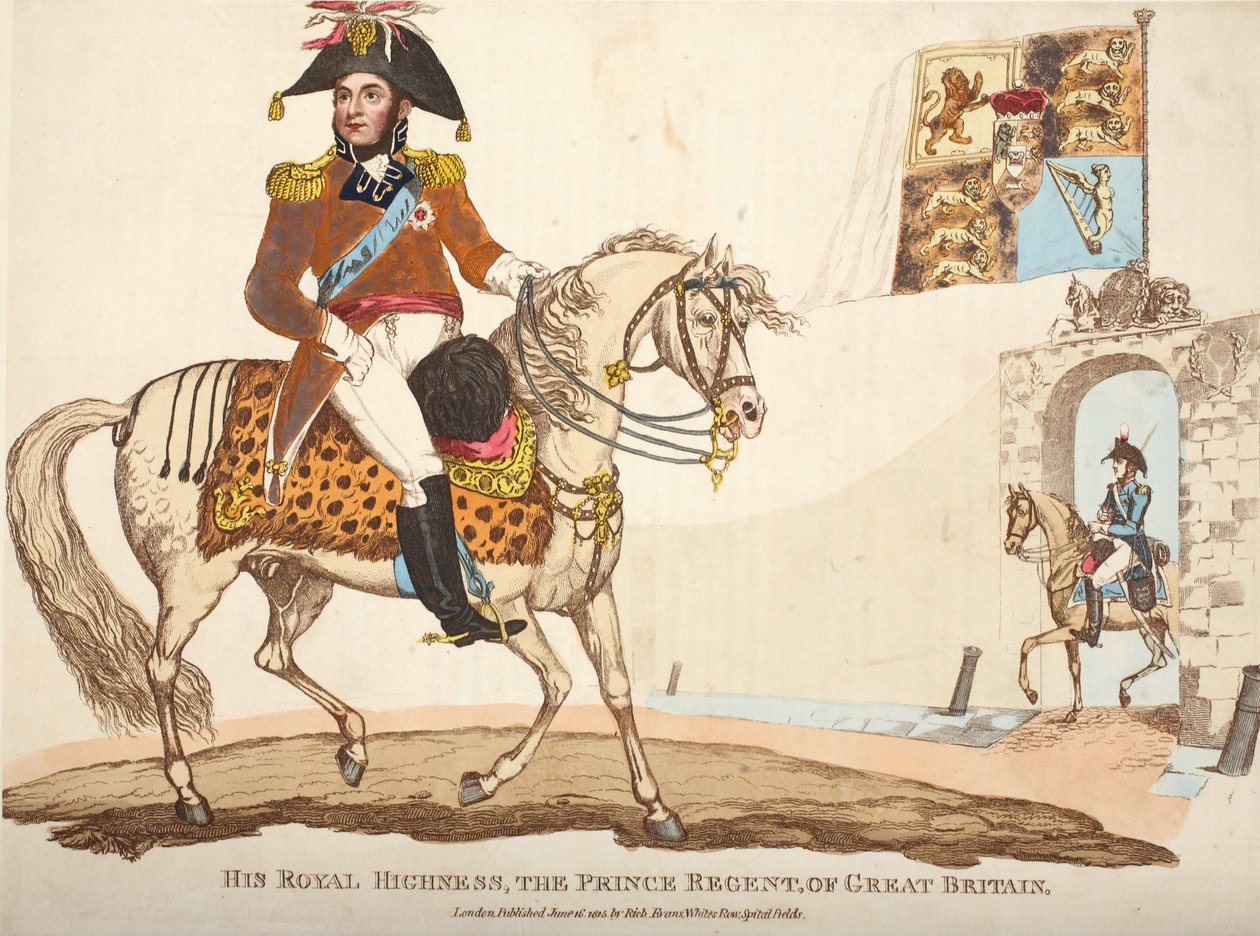 Jeho královská výsost, princ regent Velké Británie, hospoda. od Richarda Evanse, engr Romney, ilustrace z Historický popis bitvy u Waterloo od Williama Mudforda, 1816 (barevná rytina od English School