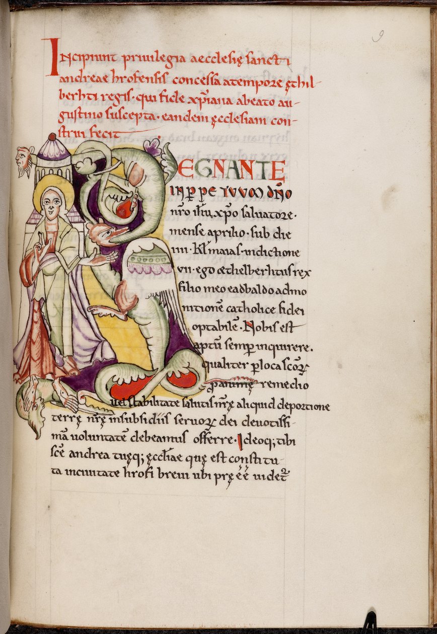 Historická iniciála „R“ (egnante) s Kristem a drakem, z Textus Roffensis, před rokem 1719 (faksimile na pergamenu) od English School