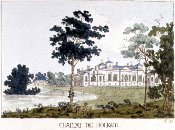 Holkham Hall, Norfolk, ilustrace z knihy Williama Wattse "Tableaux des Maison et Jardins", asi 1785 (kolorovaná rytina) od English School