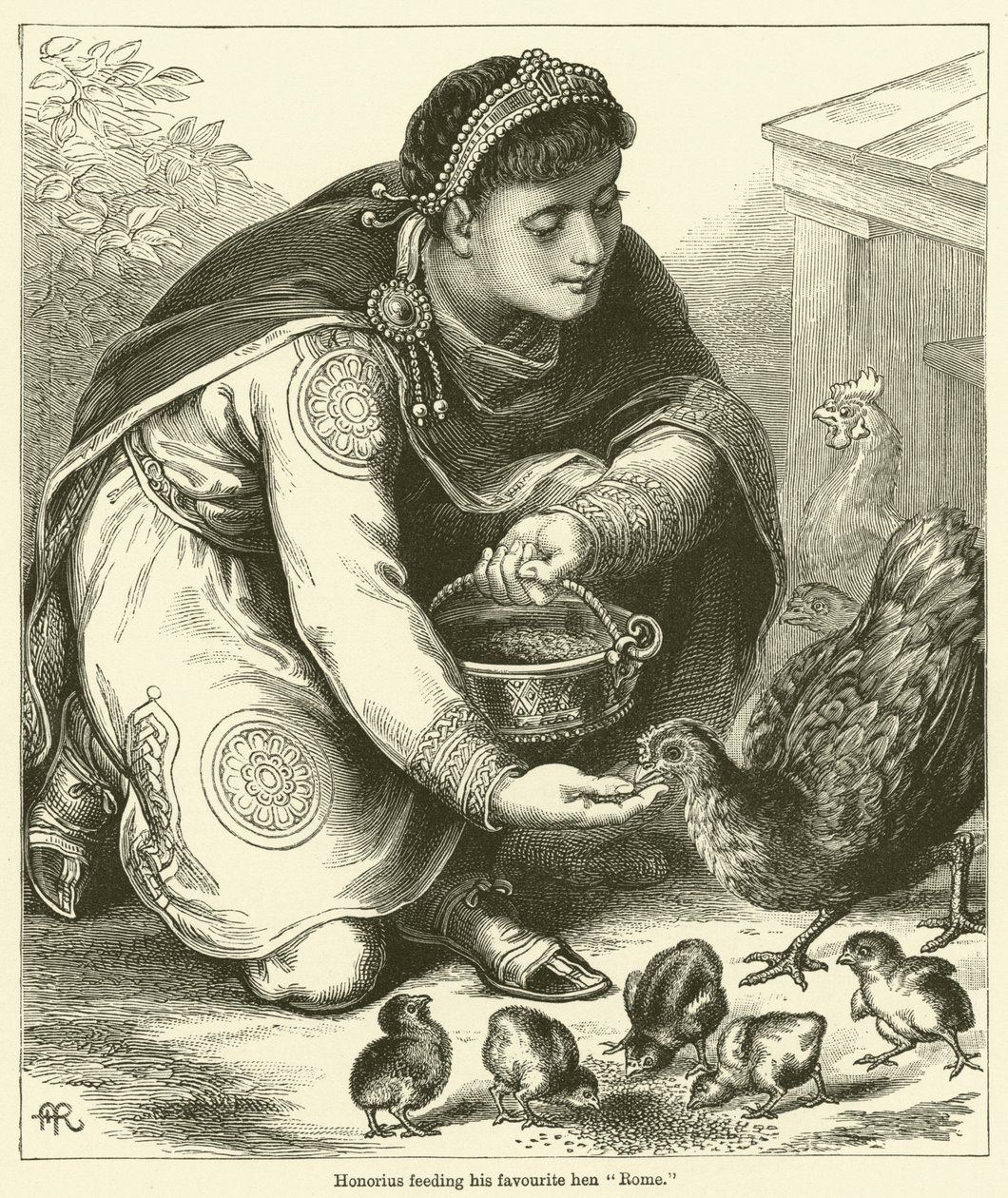 Honorius krmí svou oblíbenou slepici "Řím" (rytina) od English School