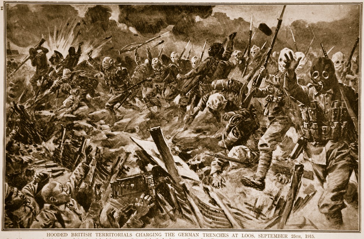 Britští teritoriální vojáci v kapucích útočí na německé zákopy u Loosu, 25. září 1915, 1914-19 od English School