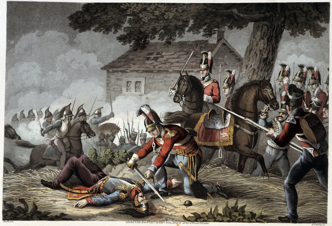 Jízda gardy na bitevním poli u Waterloo v "Historických, vojenských a námořních anekdotách a událostech, které se staly britským armádám a jejich spojencům a skončily u Waterloo" od Edwarda Ormeho. Ill. by Fry, Sutherland, Clark, Dubourg, W.Heart, JA, Atki od English School