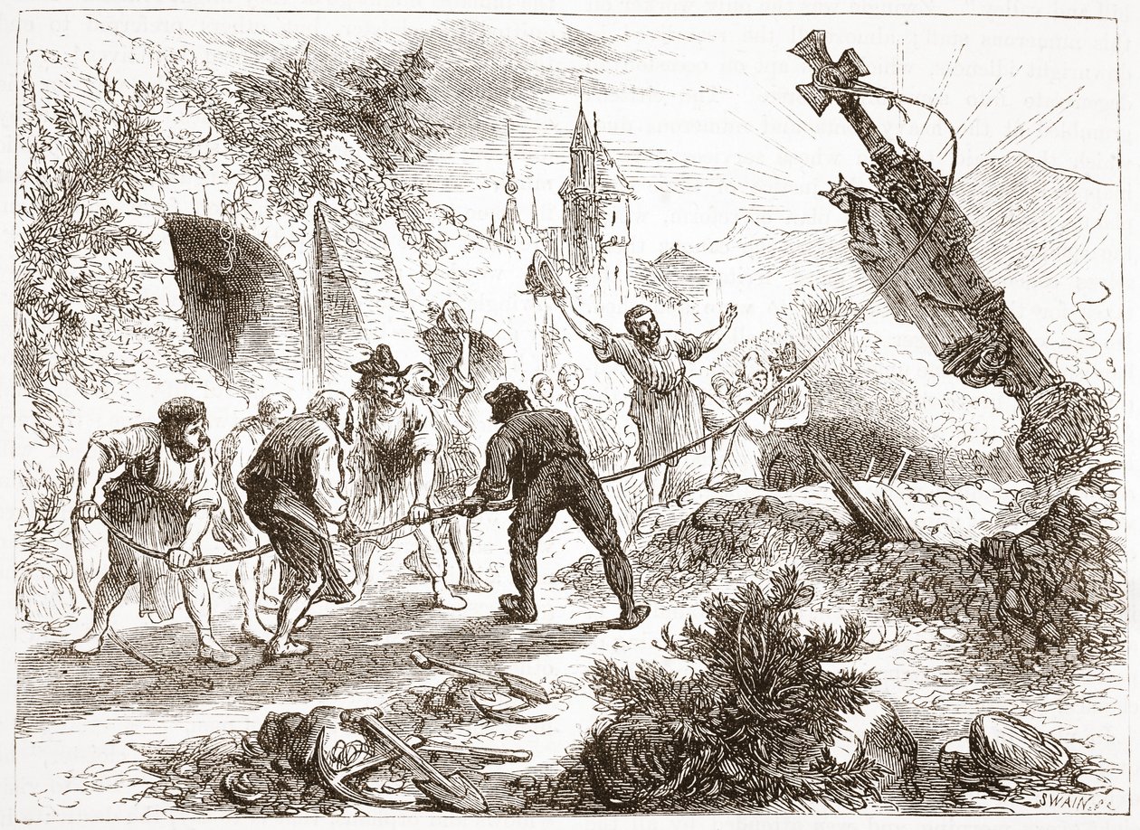 Hottinger ničí obraz, ilustrace z Historie protestantismu od Jamese Aitkena Wylie (1808-1890), hospoda. 1878 od English School