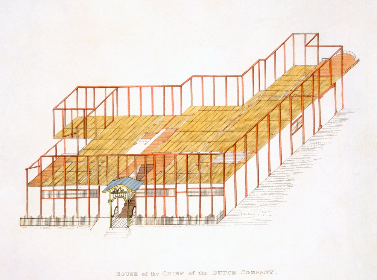Dům náčelníka nizozemské Východoindické společnosti, z Ilustrace Japonska, publikoval 1822 od English School