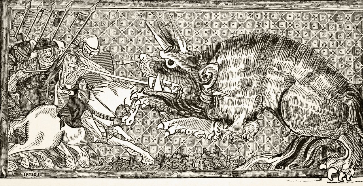Jak Alexander bojoval se zvířetem, po miniaturě v rukopisu ze 13. století, z „Vědy a literatury ve středověku“, Paul Lacroix, 1878 od English School