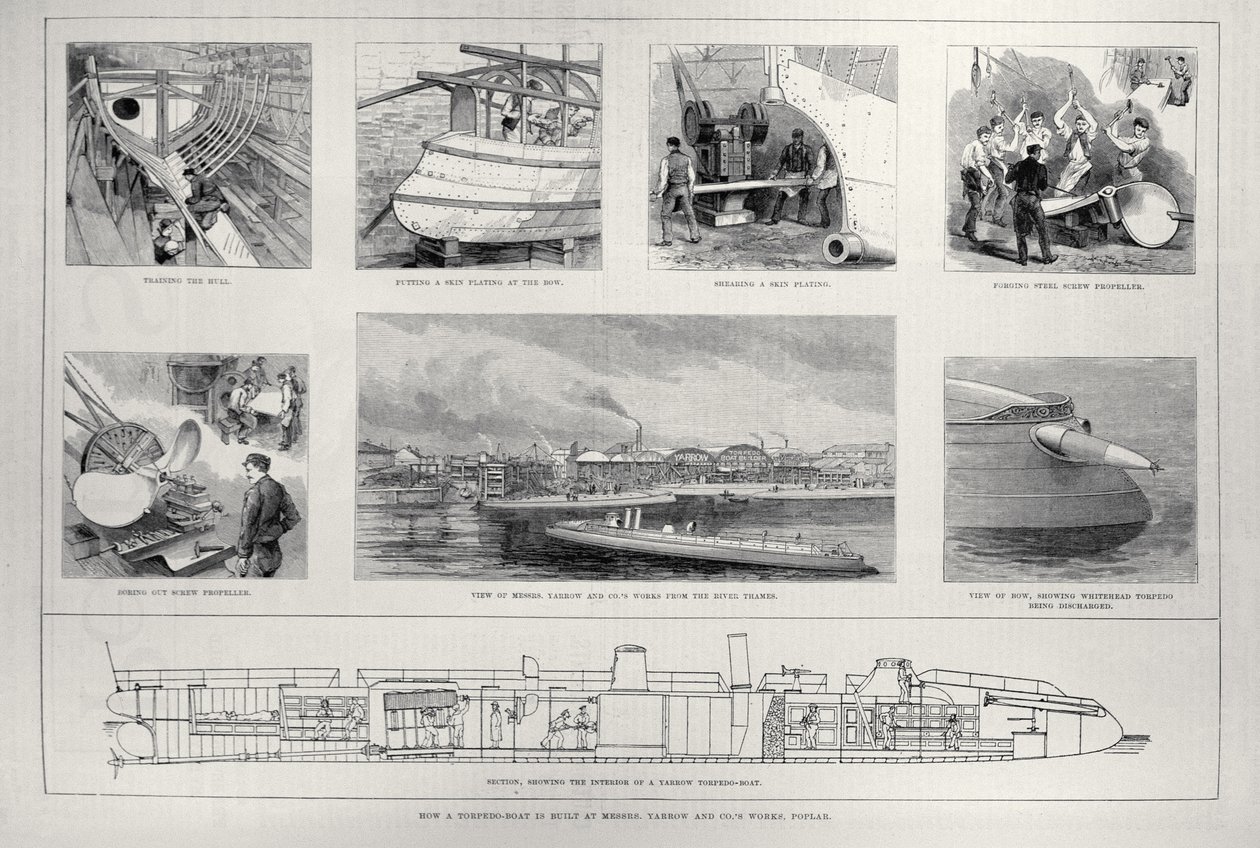 Jak se staví torpédový člun v továrně pánů Yarrow and Co., Poplar, z „The Illustrated London News“, 27. března 1886 od English School