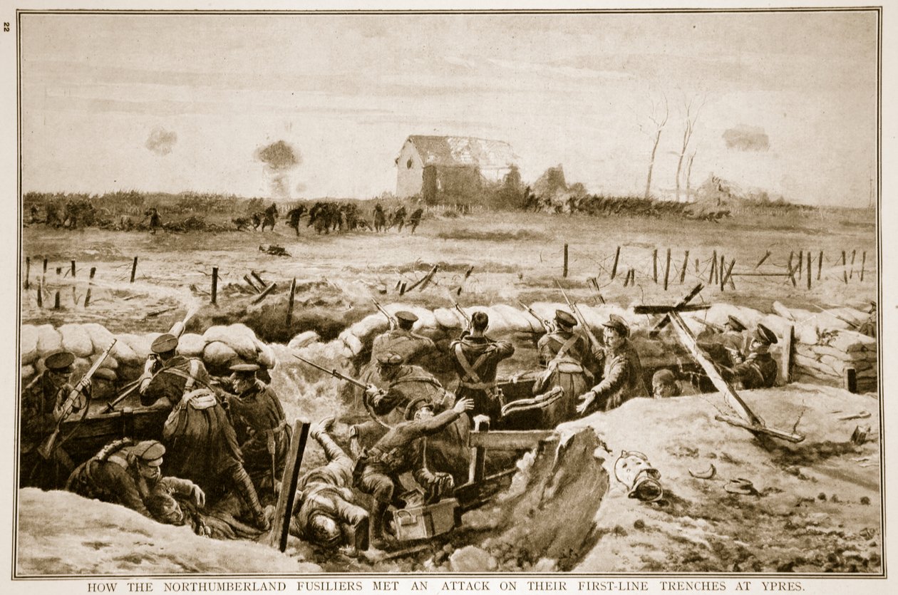 Jak Northumberland Fusiliers čelili útoku na své zákopy v první linii u Ypres, 1914-19 od English School
