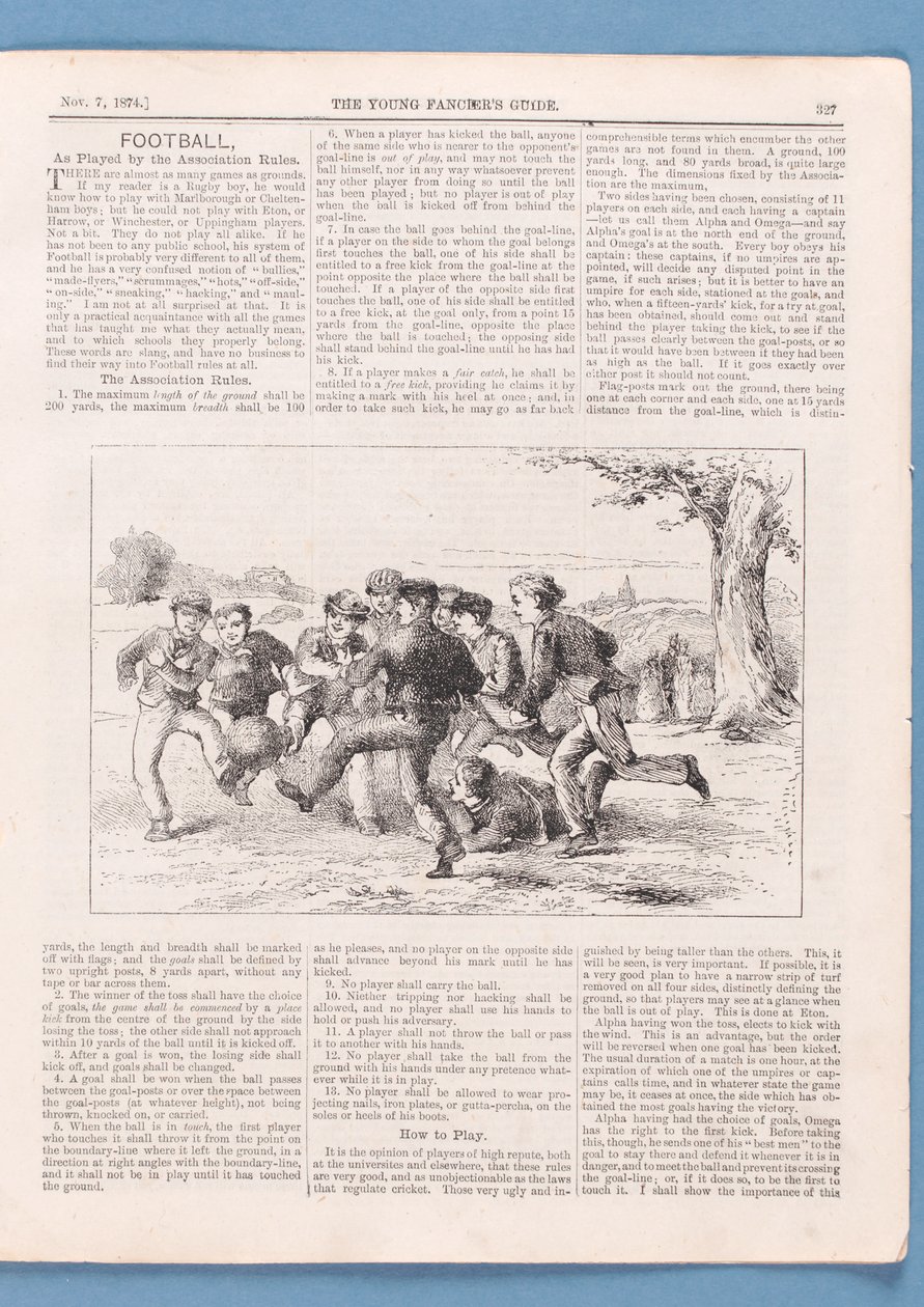Jak hrát fotbal podle pravidel asociace, článek z The Young Fanciers Guide, 1874 (viz také 315146) od English School