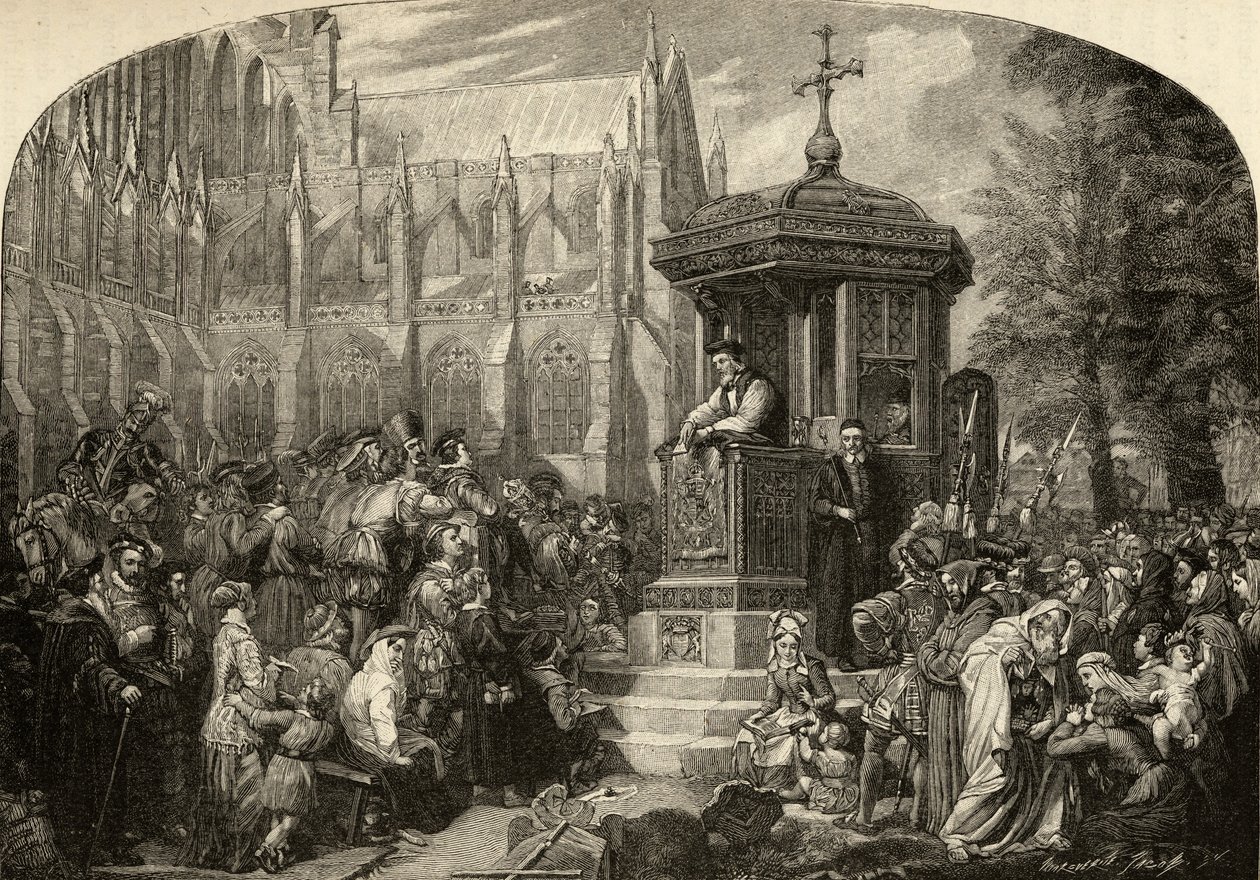 Hugh Latimer (asi 1485-1555) káže občanským autoritám u kříže sv. Pavla v roce 1548 od English School