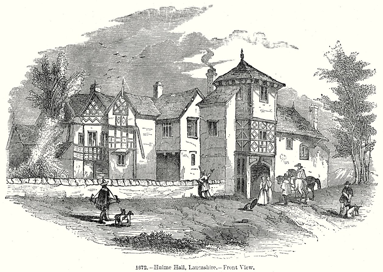 Hulme Hall, Laneashire. - Pohled zepředu (rytina) od English School