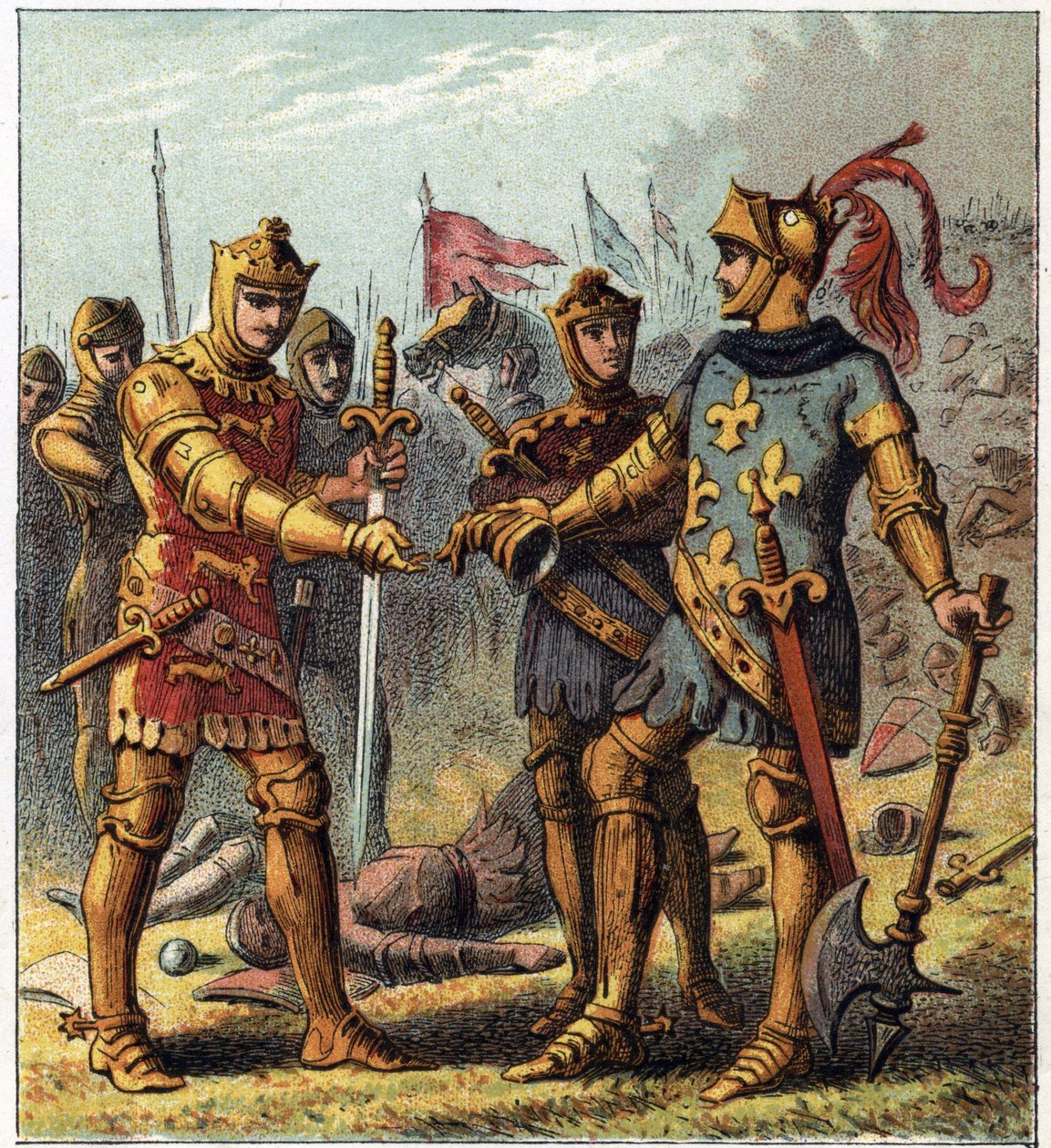 Stoletá válka: Bitva u Poitiers (1356). Francouzský král Jan II. Dobrý (1319-1364) uznal svou porážku a odešel k Edwardu Plantagenetovi z Anglie (Edward z Woodstocku Brackembury od English School