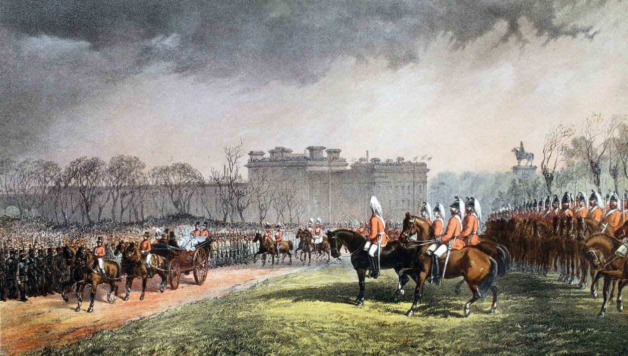 Hyde Park - Princezna procházející řadami dobrovolníků, 7. března 1863, z Památníku svatby Edwarda VII. a Alexandry Dánské, hospoda. 1864 od English School