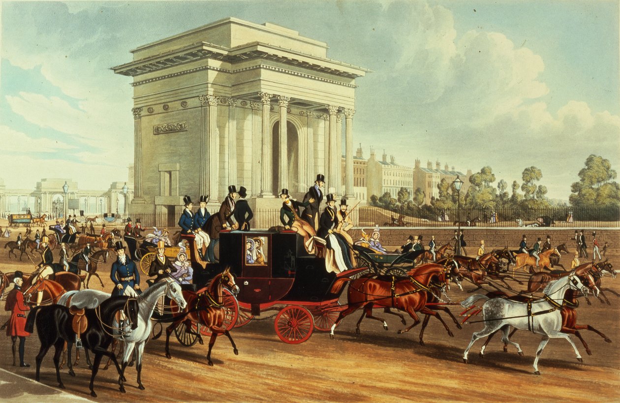 Hyde Park Corner, podle Jamese Pollarda, publikoval Ackermann, 1836 (akvatinta) od English School
