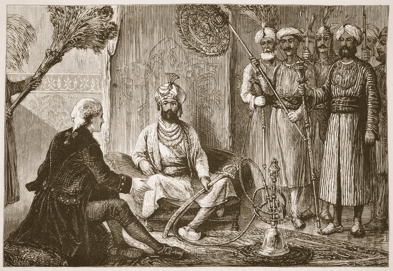 Hyder Ali a misionář, ilustrace z Cassells Illustrated History of India od Jamese Granta, hospoda. 1879 od English School