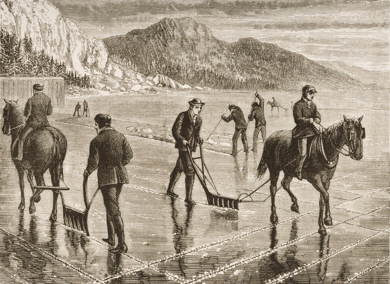 Ledová sklizeň na řece Hudson, stát New York, kolem roku 1870, z knihy "American Pictures", vydané The Religious Tract Society, 1876. od English School