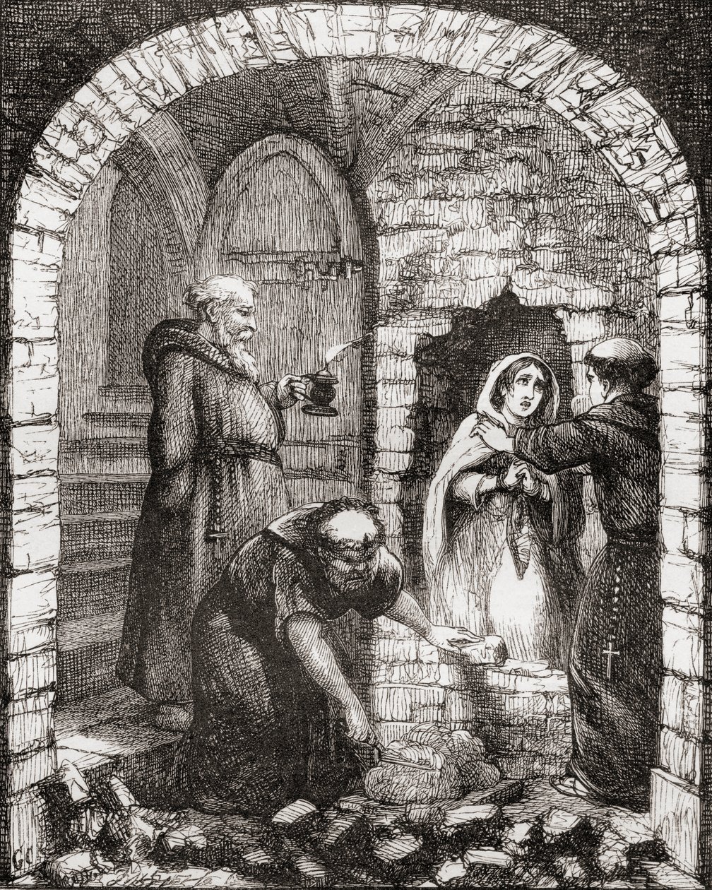 Ilustrace podle George Cruikshanka pro „Netley Abbey: A Legend of Hampshire“, z „The Ingoldsby Legends or Mirth and Marvels“, od Thomase Ingoldsbyho, vydané v roce 1865 od English School