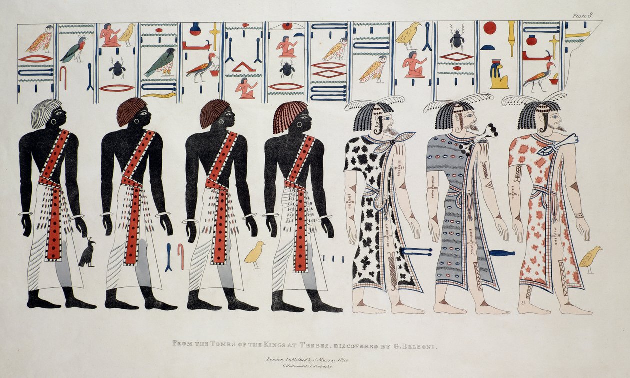 Ilustrace z hrobek králů v Thébách, objevený G. Belzoni, tisk vydán 1820 od English School