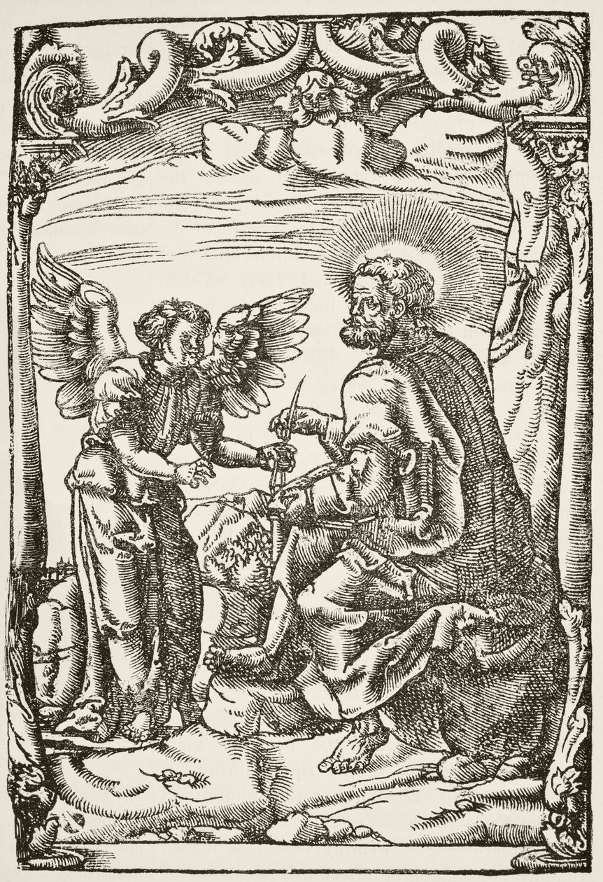 Ilustrace z počátku Tyndales prvního anglického překladu Nového zákona, vydaného v Kolíně nad Rýnem v roce 1525, z Národní a domácí historie Anglie od Williama Hickmana Smitha Auba od English School