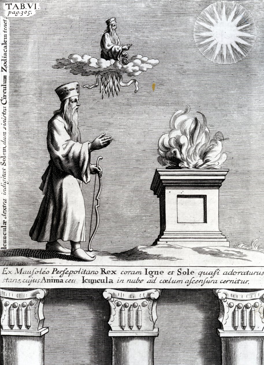 Ilustrace Zoroaster uctívající oheň a slunce, 1697 od English School