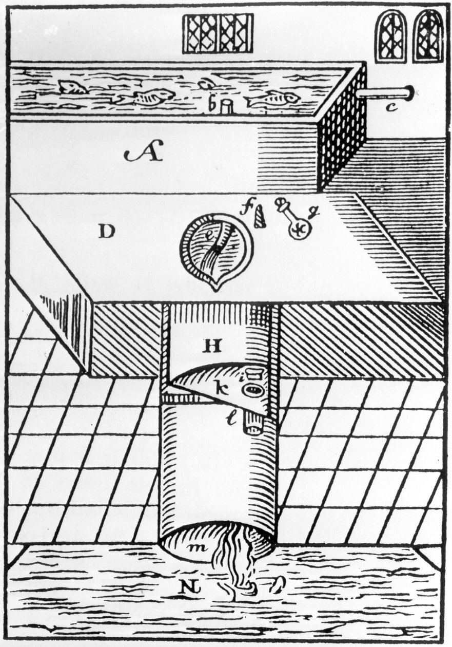 Ilustrace záchodu sira Johna Harringtona, převzato z Nového diskurzu zatuchlého předmětu, zvaného metamorfóza Ajaxu, 1596 od English School